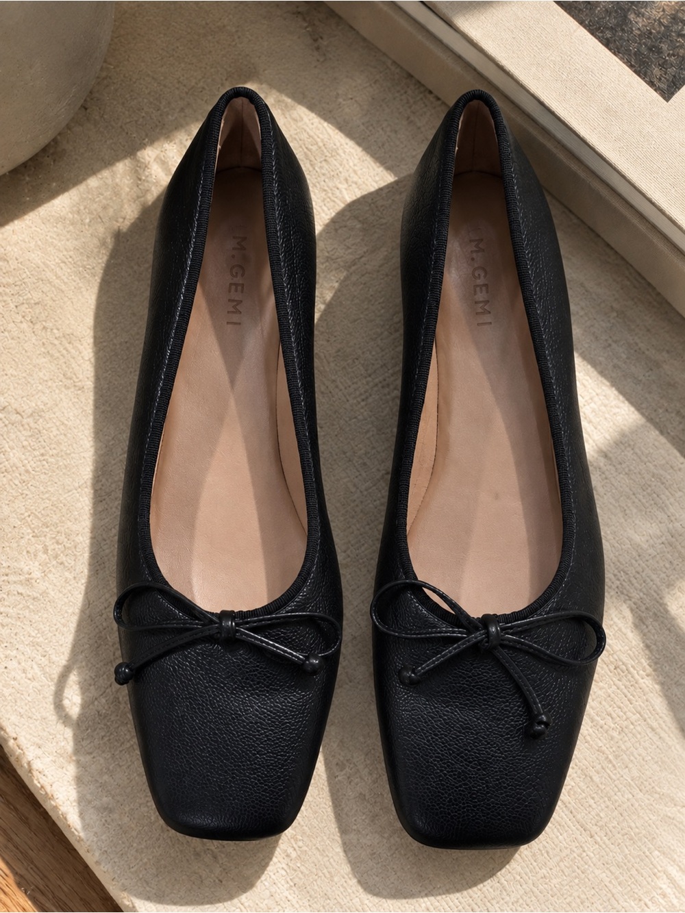 M. Gemi Black Leather Square-Toe Ballet Flats with Bow